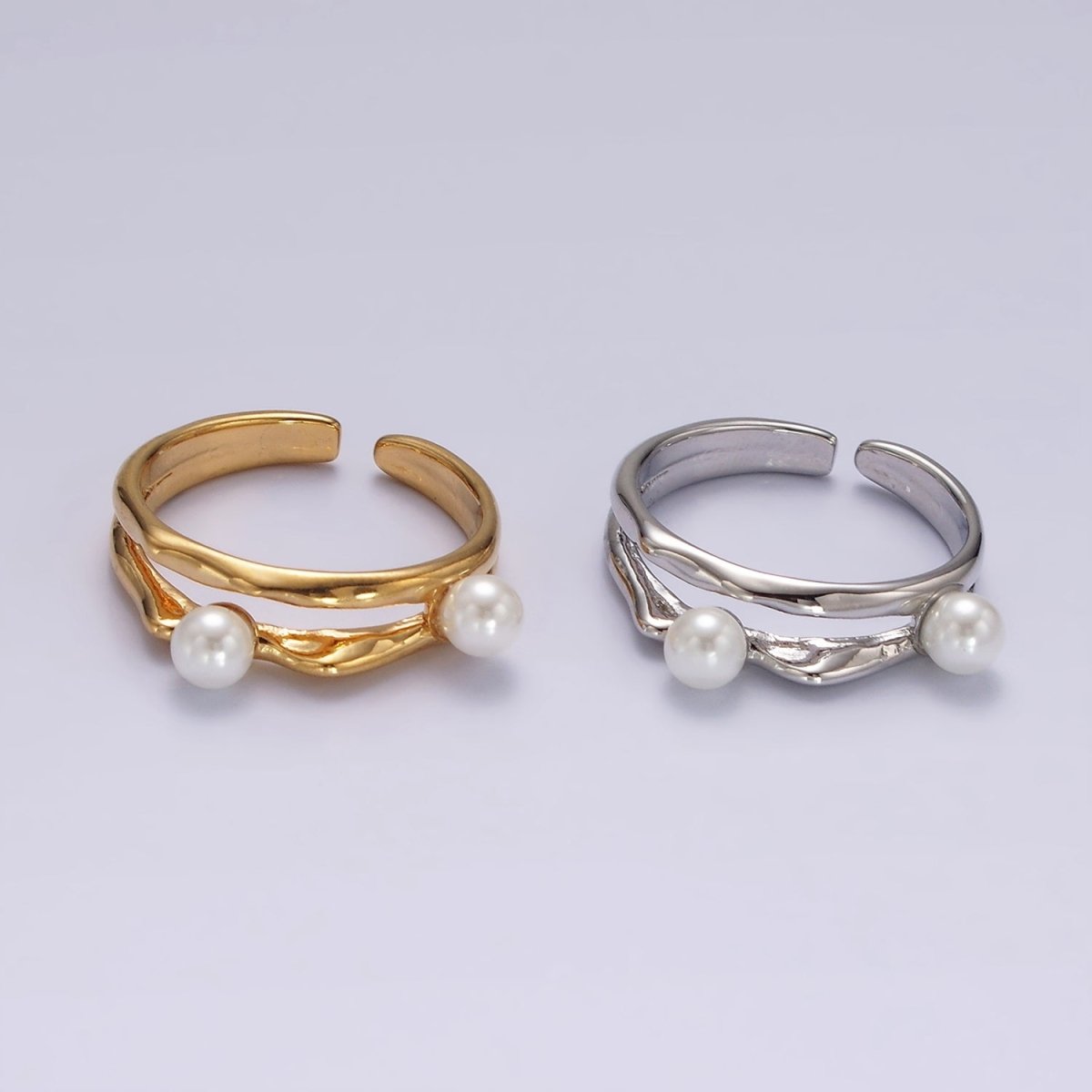 14K Gold Filled Double Pearl Hammered Double Band Ring in Silver & Gold | O1180 - DLUXCA