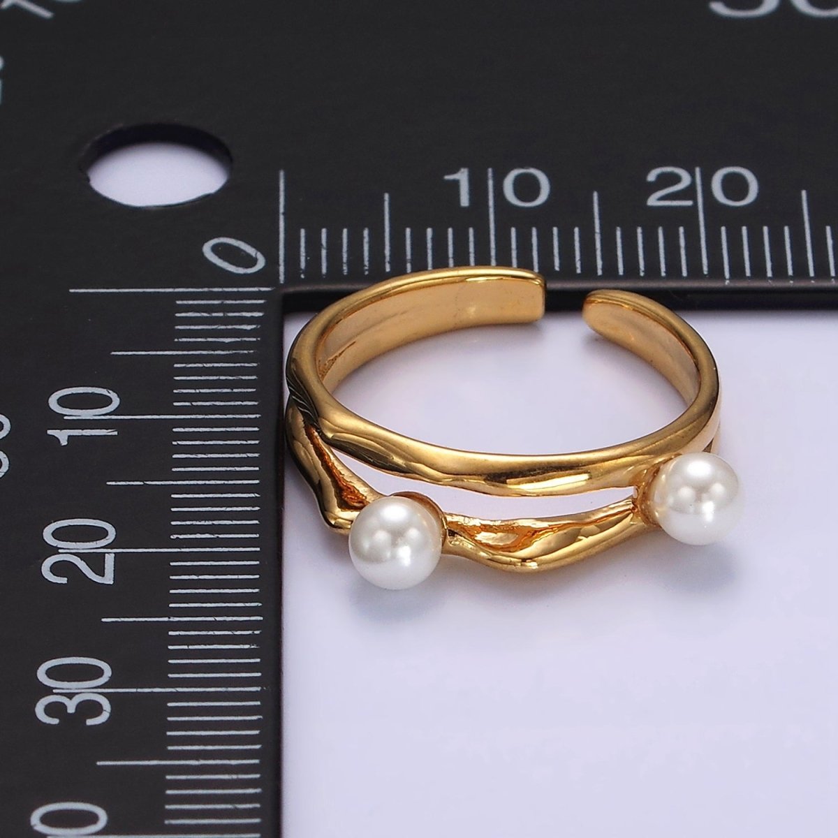 14K Gold Filled Double Pearl Hammered Double Band Ring in Silver & Gold | O1180 - DLUXCA