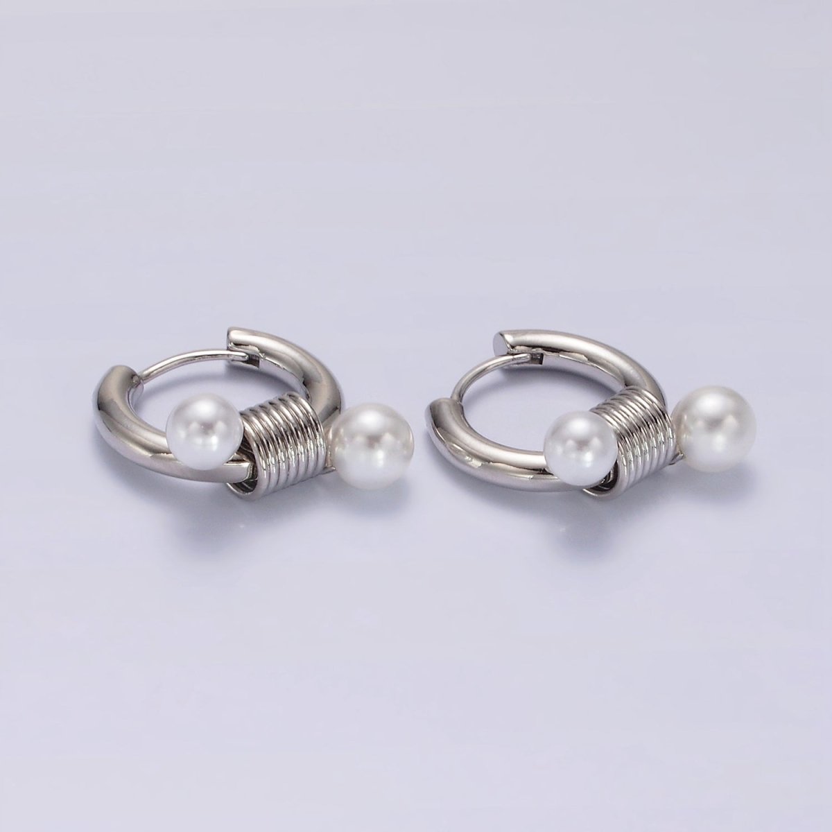 14K Gold Filled Double Pearl Spiral 20mm Huggie Earrings in Gold & Silver | AE197 AE198 - DLUXCA