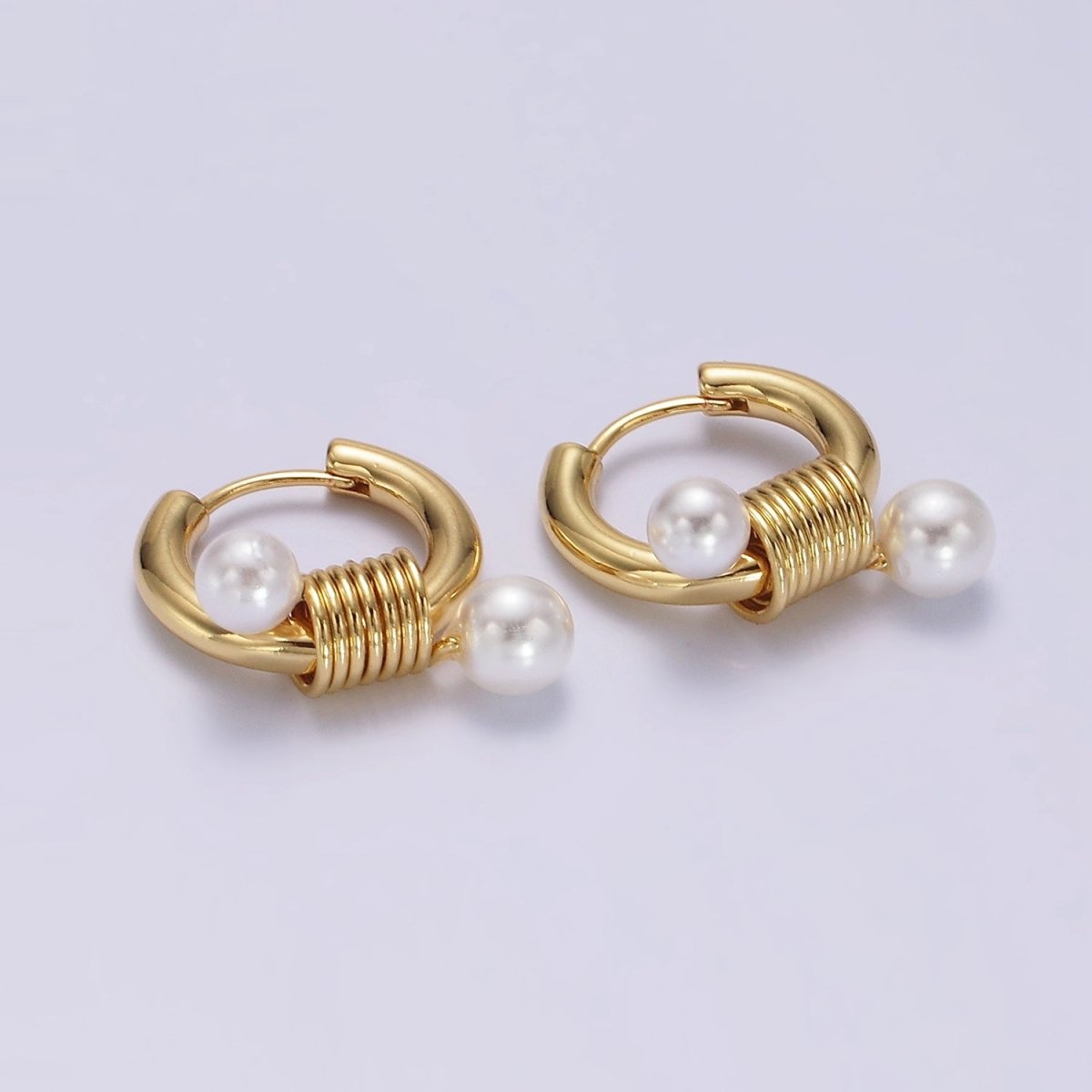 14K Gold Filled Double Pearl Spiral 20mm Huggie Earrings in Gold & Silver | AE197 AE198 - DLUXCA