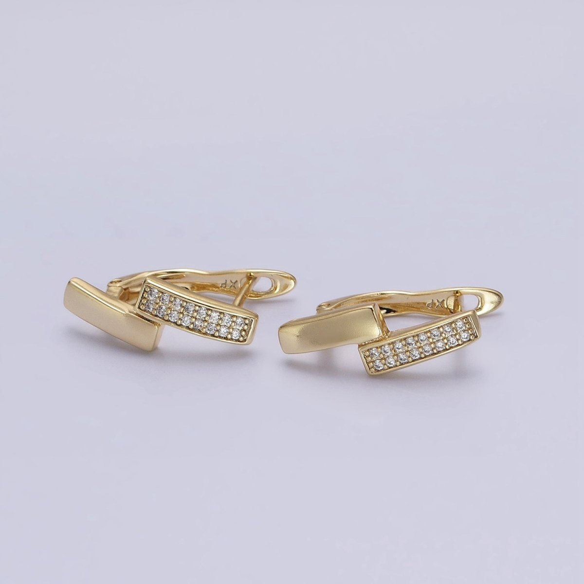 14K Gold Filled Double Rectangular Bar Micro Paved CZ English Lock Earrings | AB1525 - DLUXCA