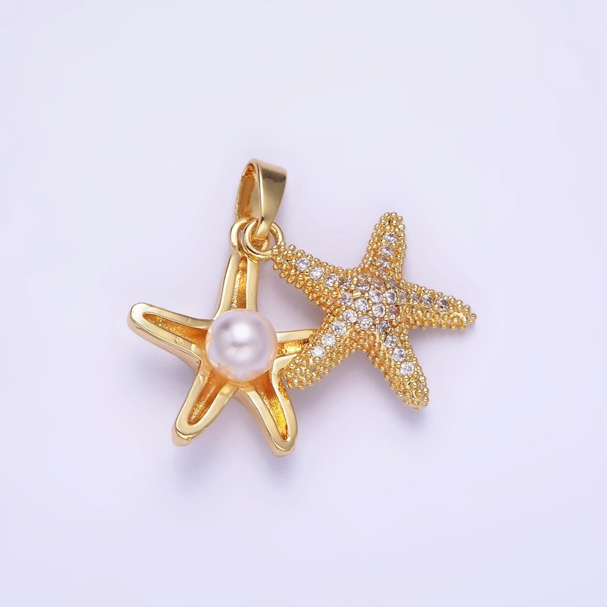 14K Gold Filled Double Starfish Sea Animal Pearl Micro Paved CZ Pendant | AA1170 - DLUXCA