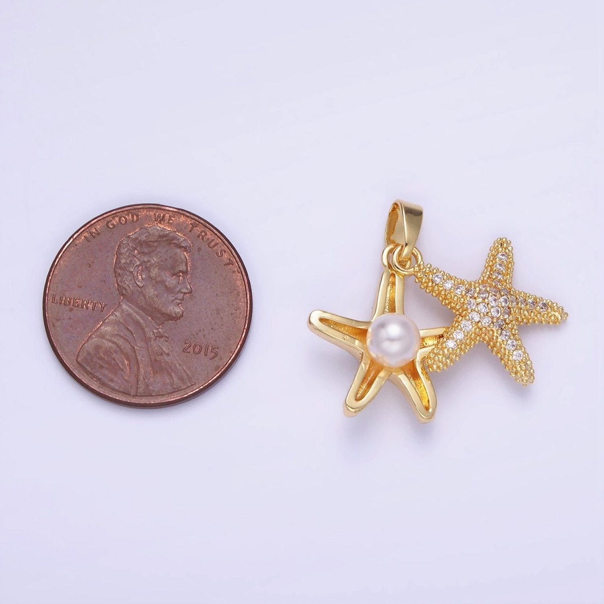 14K Gold Filled Double Starfish Sea Animal Pearl Micro Paved CZ Pendant | AA1170 - DLUXCA