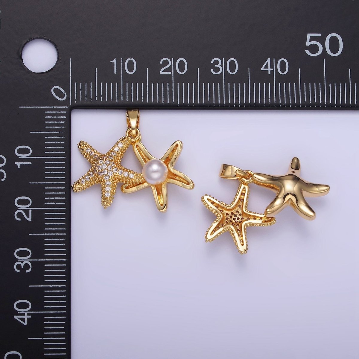 14K Gold Filled Double Starfish Sea Animal Pearl Micro Paved CZ Pendant | AA1170 - DLUXCA