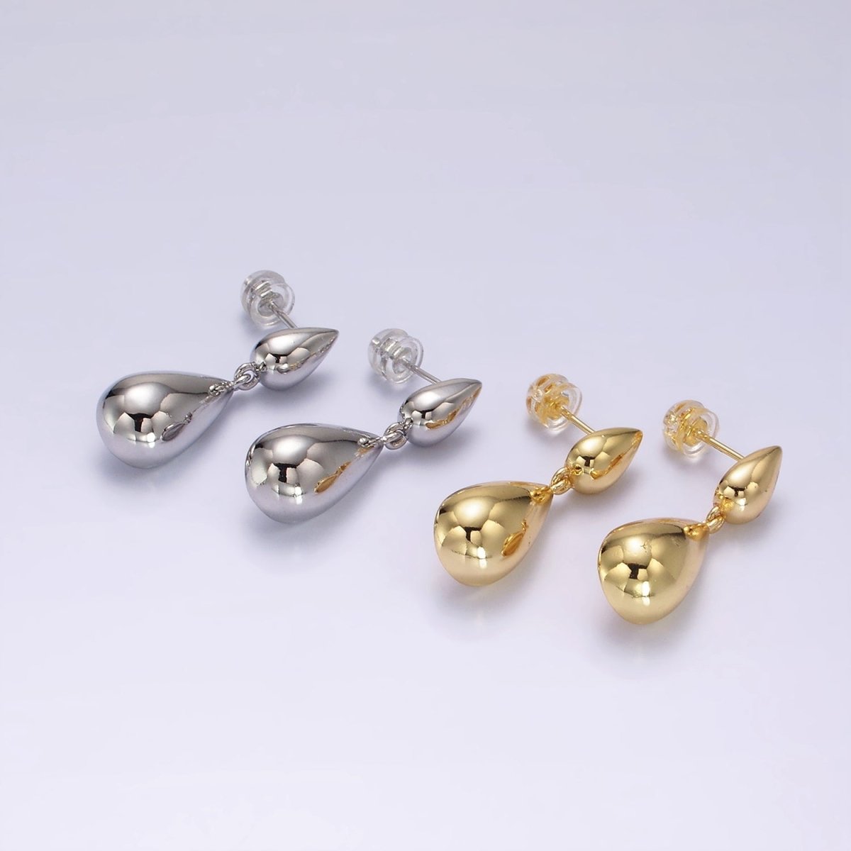 14K Gold Filled Double Teardrop Dome Drop Stud Earrings in Gold & Silver | AE245 AE246 - DLUXCA