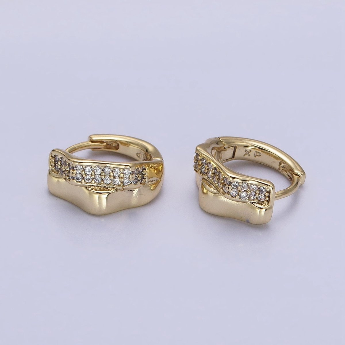 14K Gold Filled Double Wavy Band Micro Paved CZ Geometric Huggie Earrings | AB1524 - DLUXCA