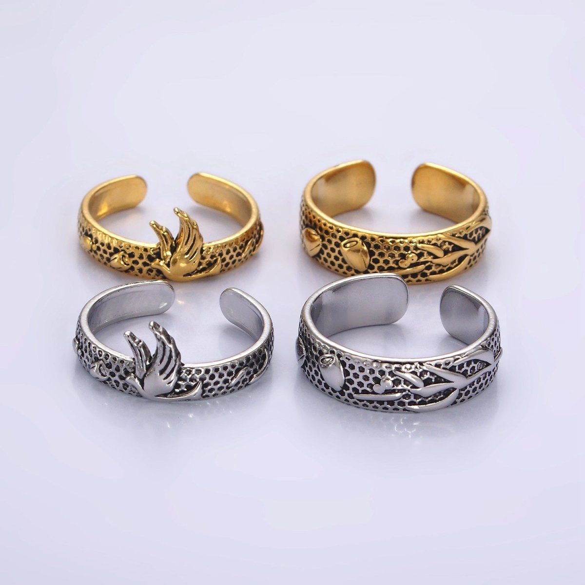 14K Gold Filled Dove Rose Flower Dotted Ring Set in Silver & Gold | P1066 O1067 - DLUXCA