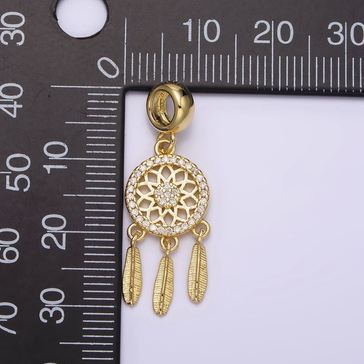 14K Gold Filled Dreamcatcher Triple Feather Clear Micro Paved CZ Charm | N1019 - DLUXCA