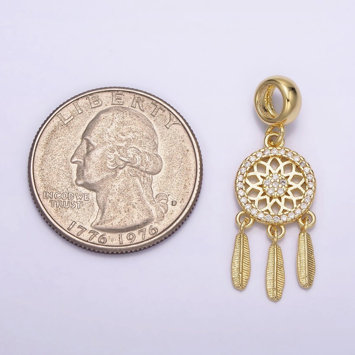 14K Gold Filled Dreamcatcher Triple Feather Clear Micro Paved CZ Charm | N1019 - DLUXCA