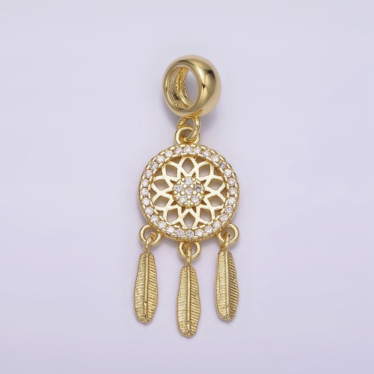 14K Gold Filled Dreamcatcher Triple Feather Clear Micro Paved CZ Charm | N1019 - DLUXCA