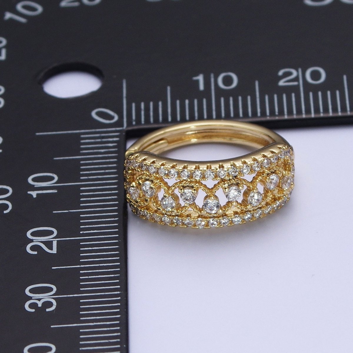 14K Gold Filled Elaborate Micro Paved Cubic Zirconia Wide Huggie Hoop Earrings | X-908 - DLUXCA