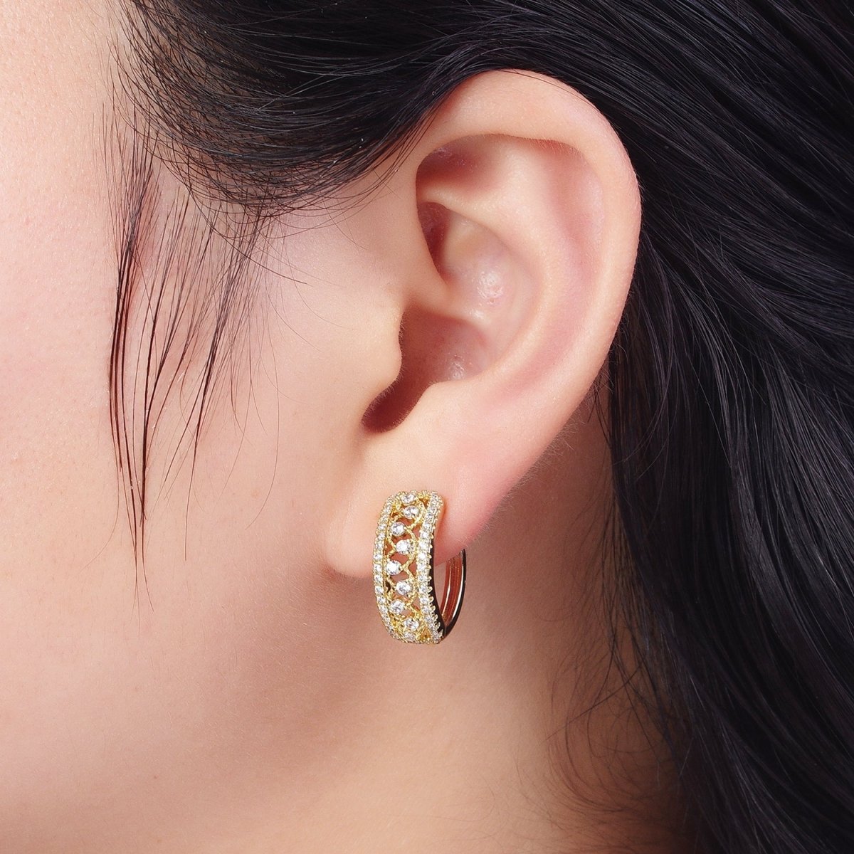 14K Gold Filled Elaborate Micro Paved Cubic Zirconia Wide Huggie Hoop Earrings | X-908 - DLUXCA