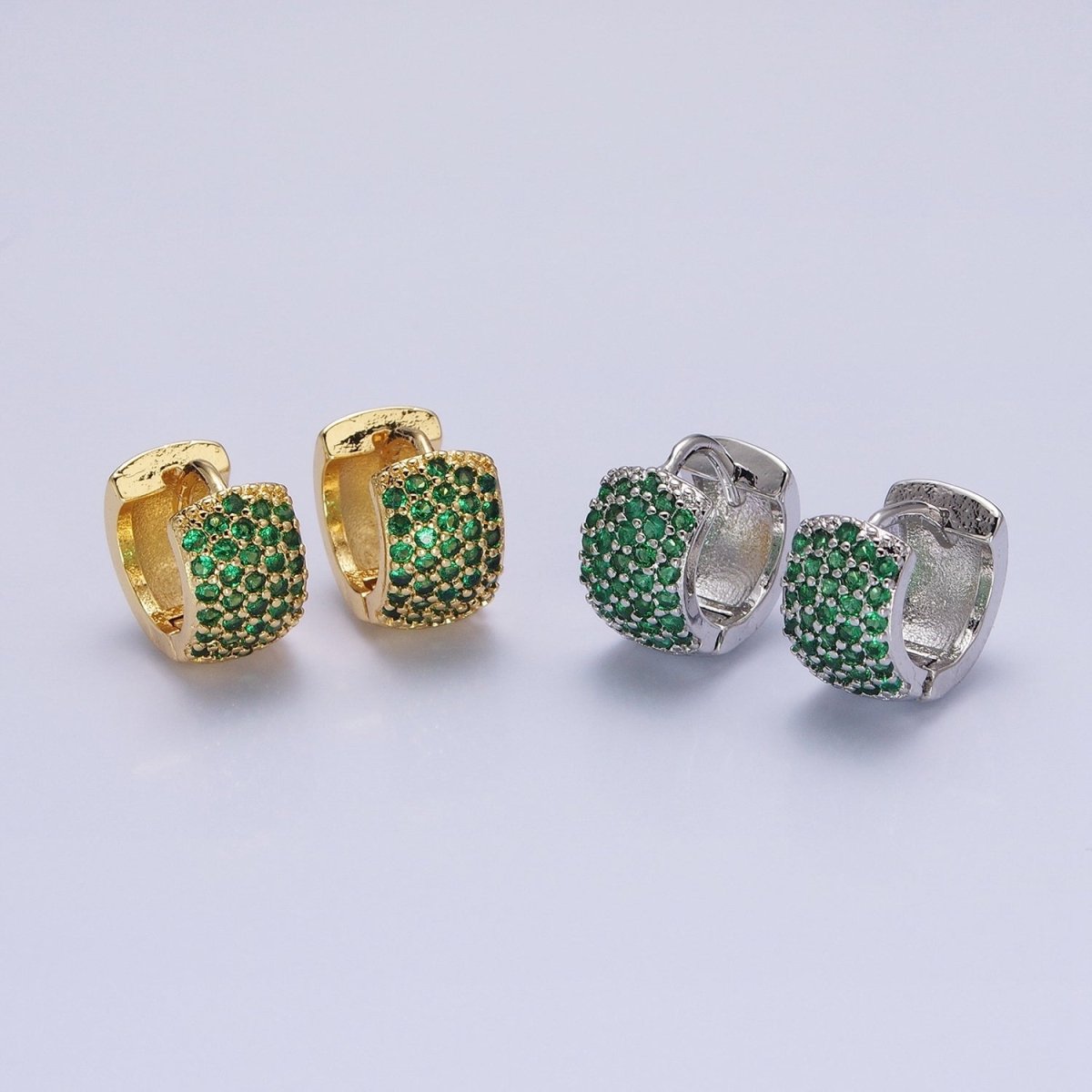 14K Gold Filled Emerald Green Micro Paved CZ Wide 13mm Huggie Earrings in Gold & Silver | AB1514 AB1515 - DLUXCA