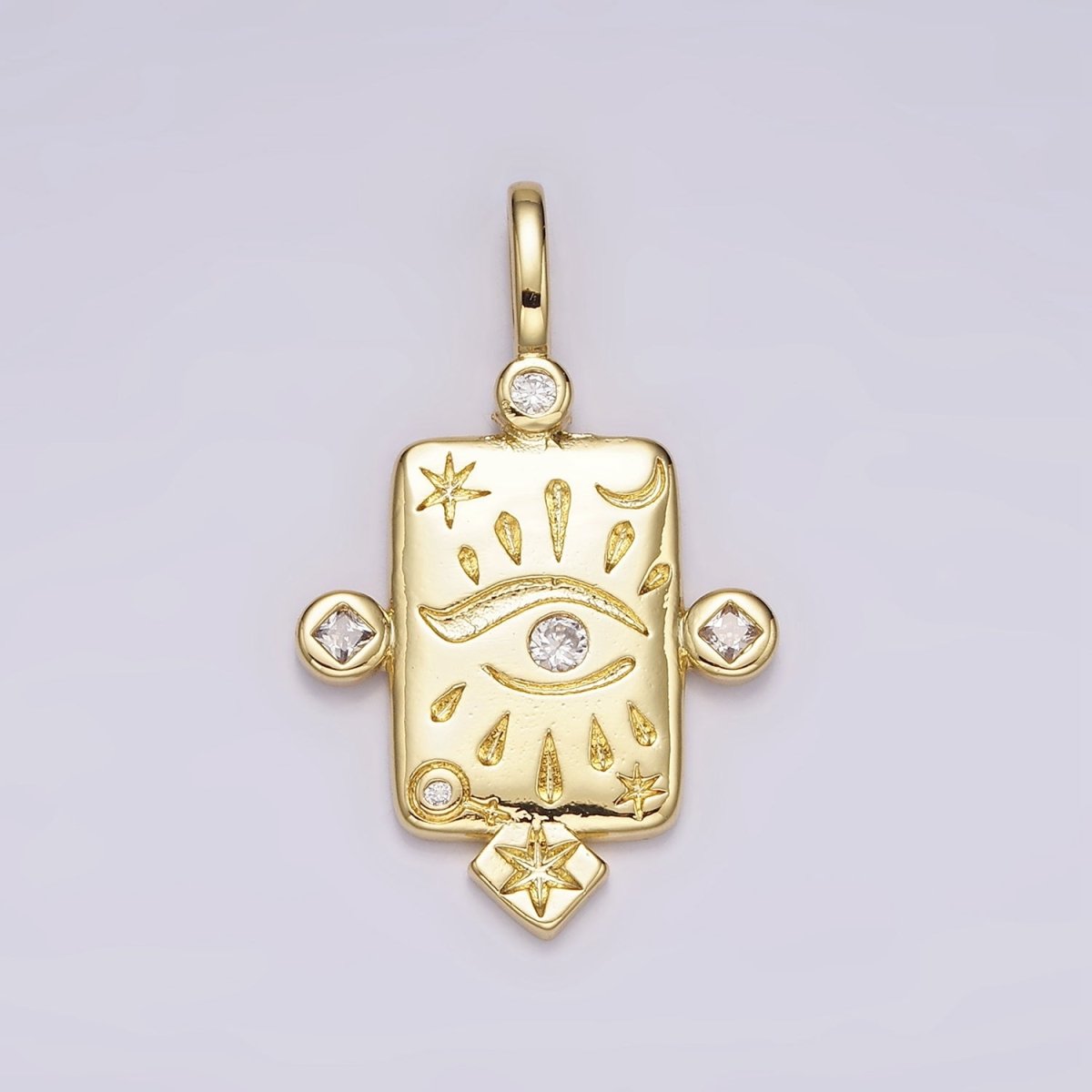 14K Gold Filled Evil Eye Celestial Star Moon CZ Dotted Rectangular Pendant | AH112 - DLUXCA