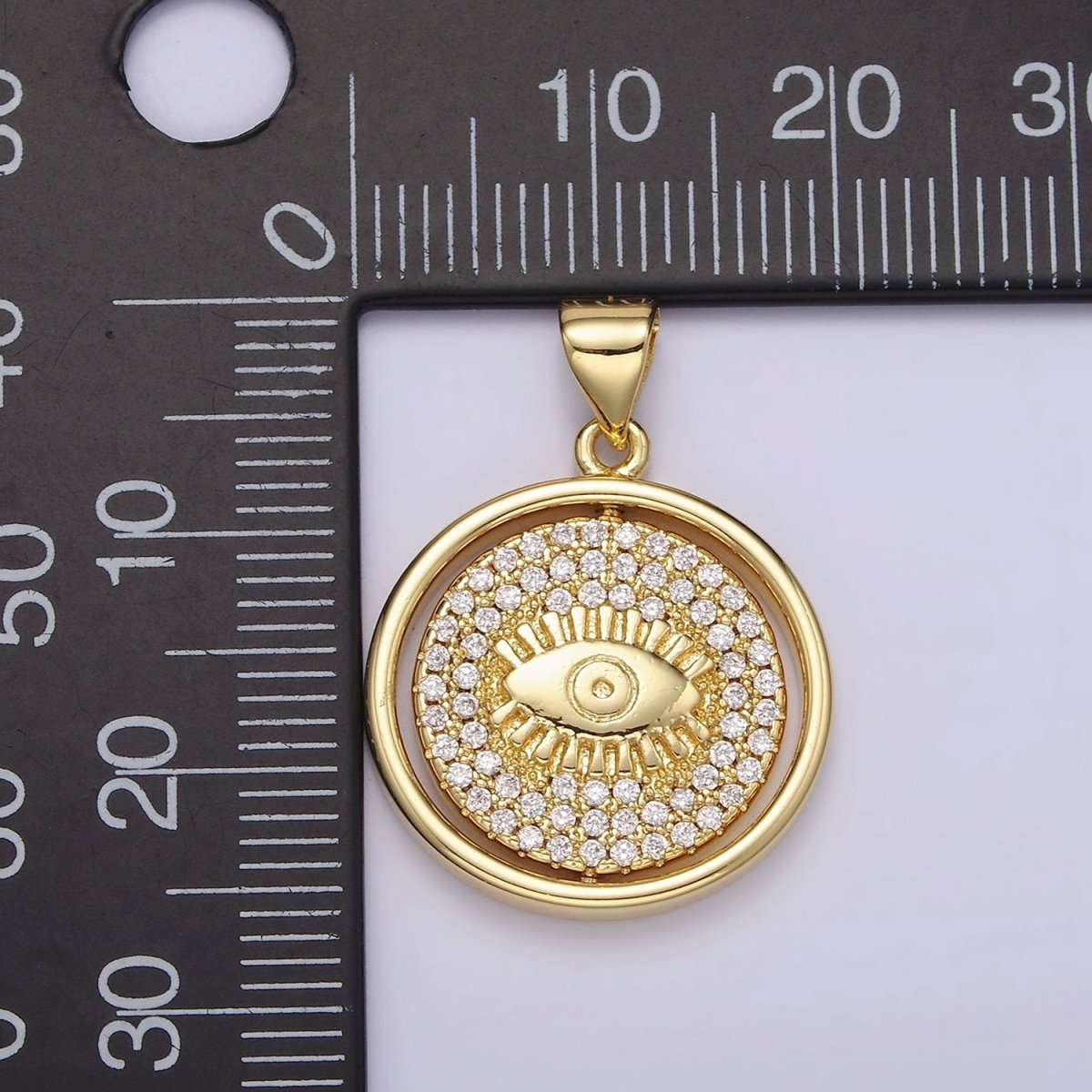 14K Gold Filled Evil Eye Clear Micro Paved CZ Double Sided Spinning Round Pendant | N1288 - DLUXCA