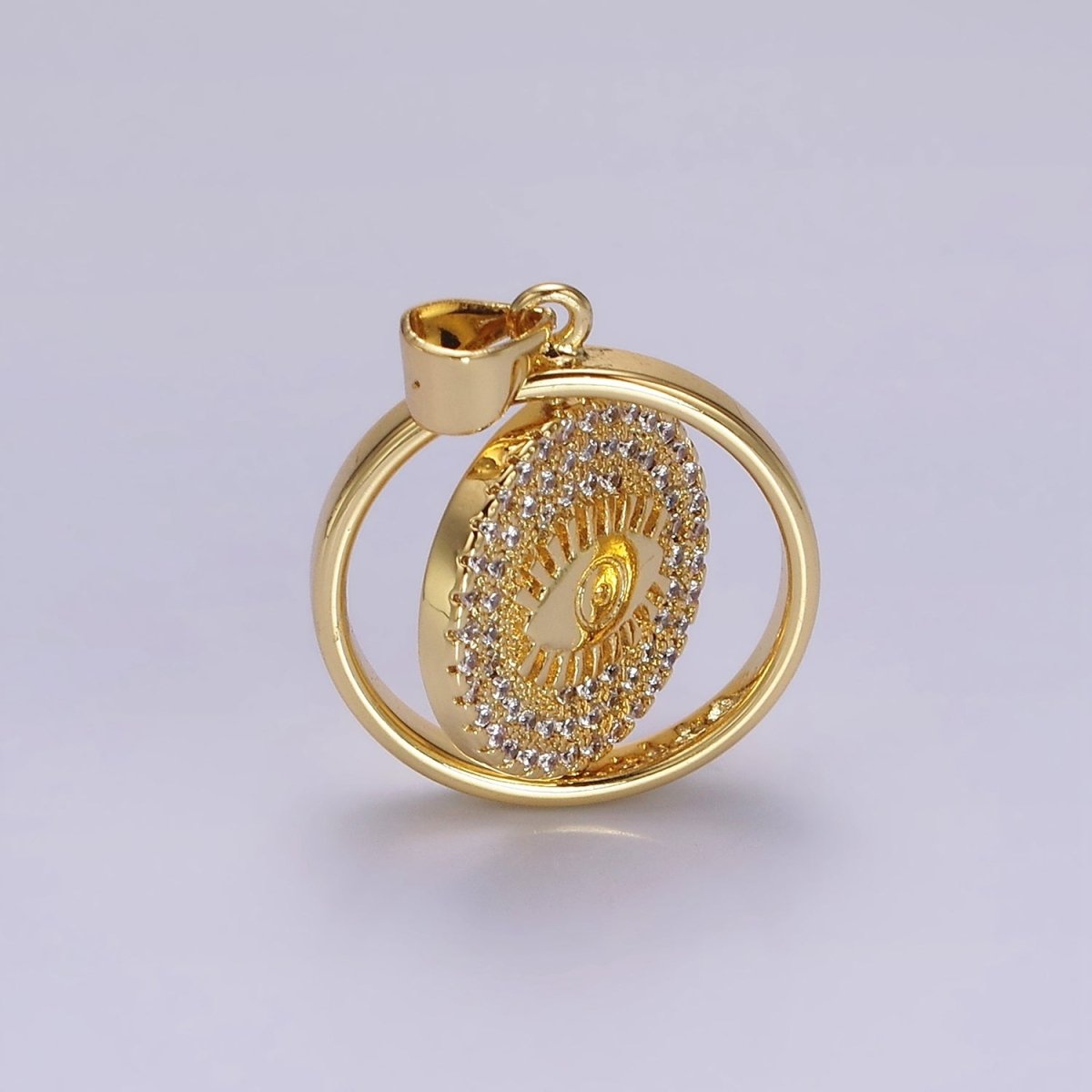 14K Gold Filled Evil Eye Clear Micro Paved CZ Double Sided Spinning Round Pendant | N1288 - DLUXCA