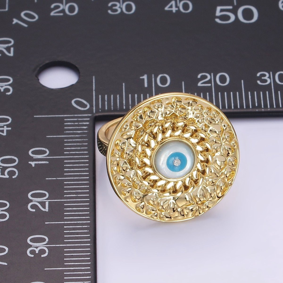 14K Gold Filled Evil Eye Curb Hammered Round Ring | O1341 - DLUXCA