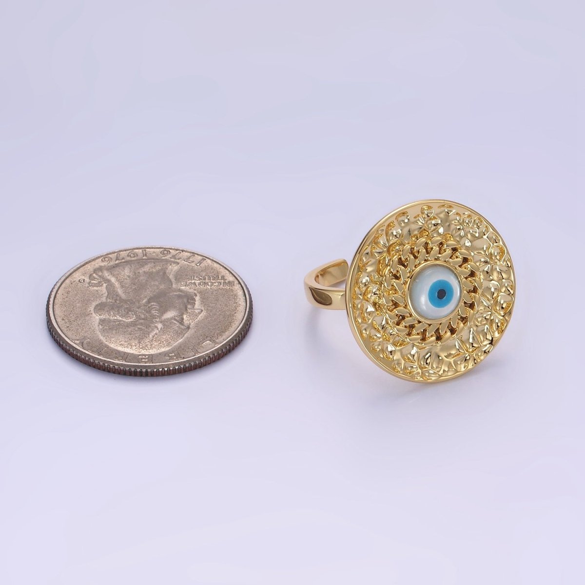14K Gold Filled Evil Eye Curb Hammered Round Ring | O1341 - DLUXCA