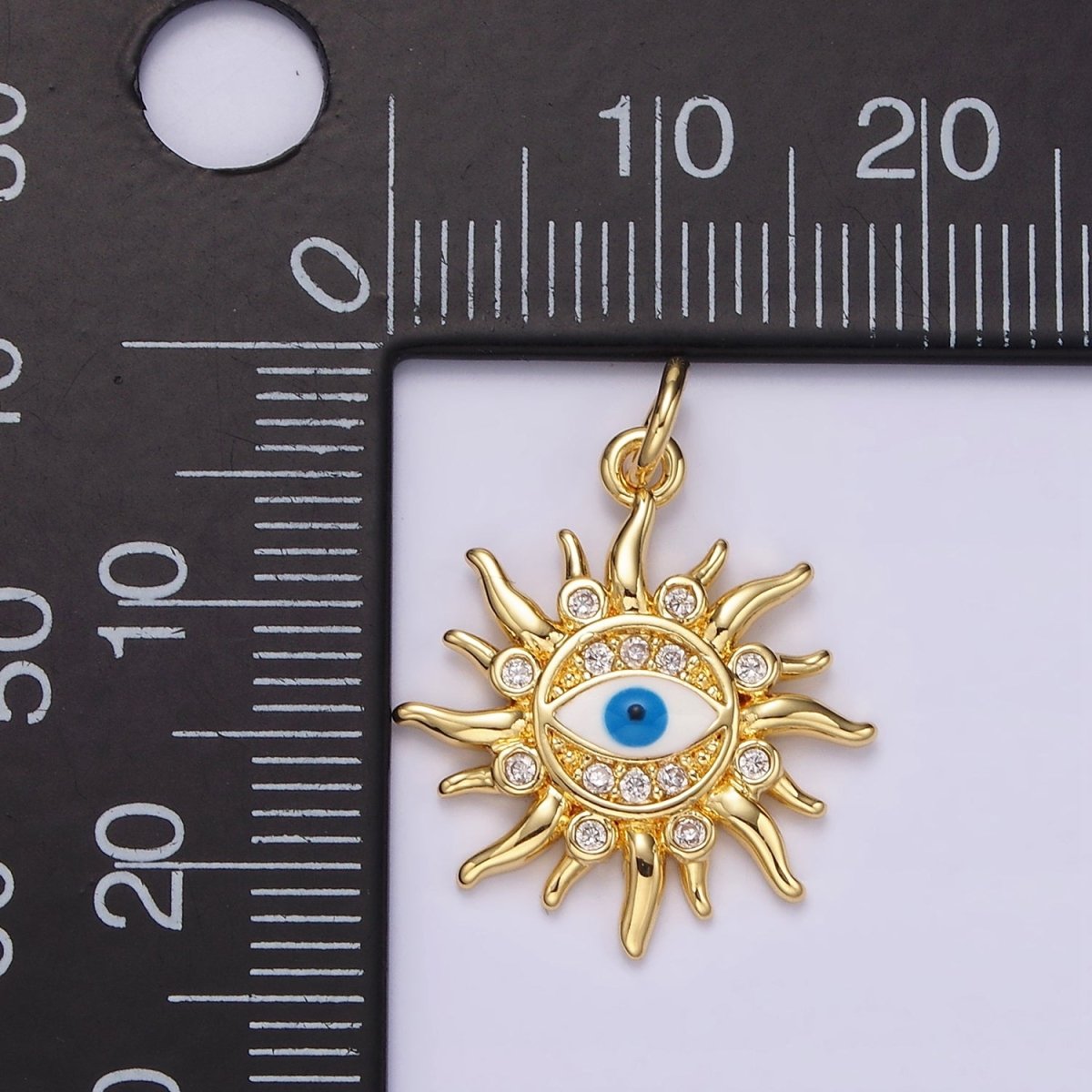 14K Gold Filled Evil Eye CZ Dotted Celestial Sun Charm in Gold & Silver | N1159 N1160 - DLUXCA