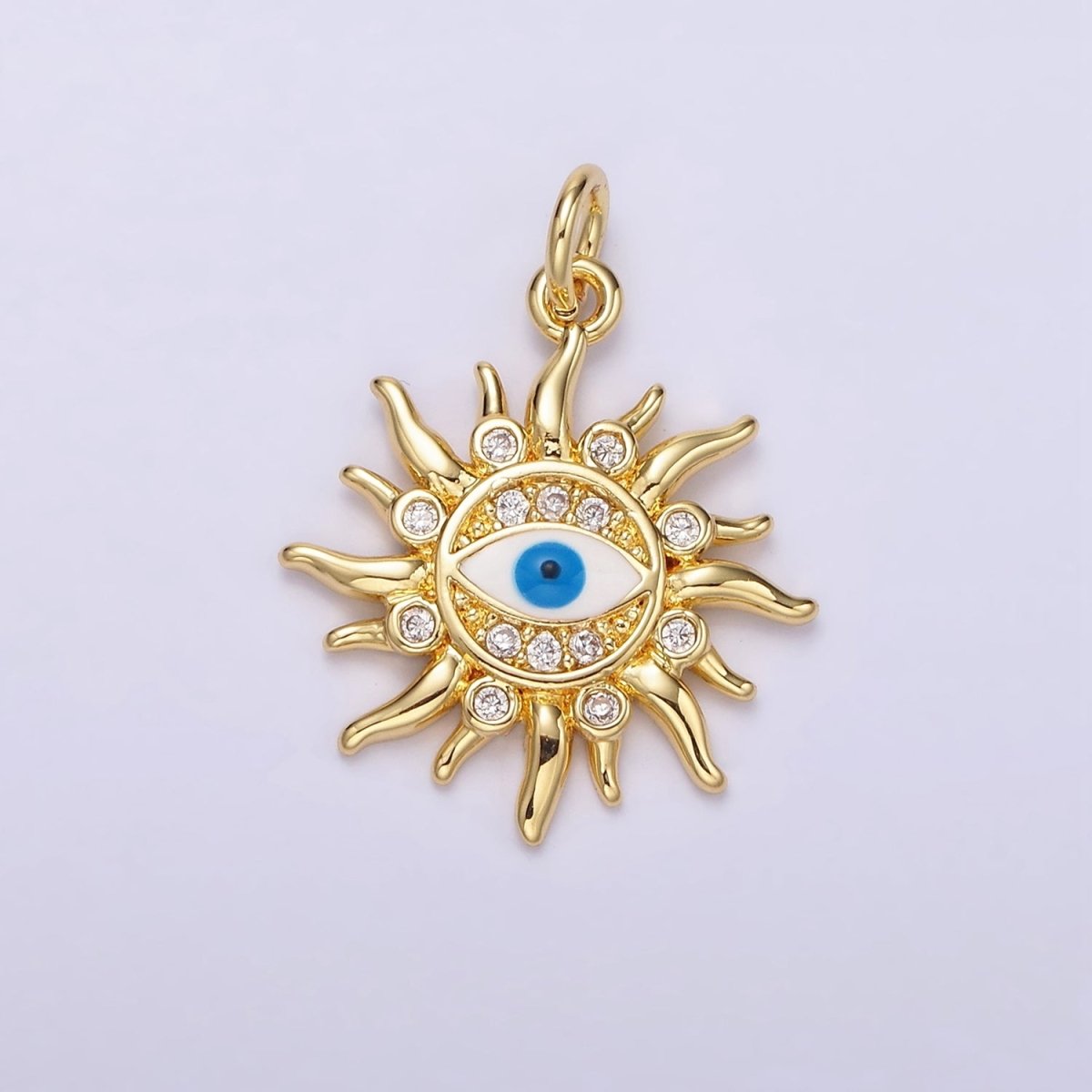 14K Gold Filled Evil Eye CZ Dotted Celestial Sun Charm in Gold & Silver | N1159 N1160 - DLUXCA