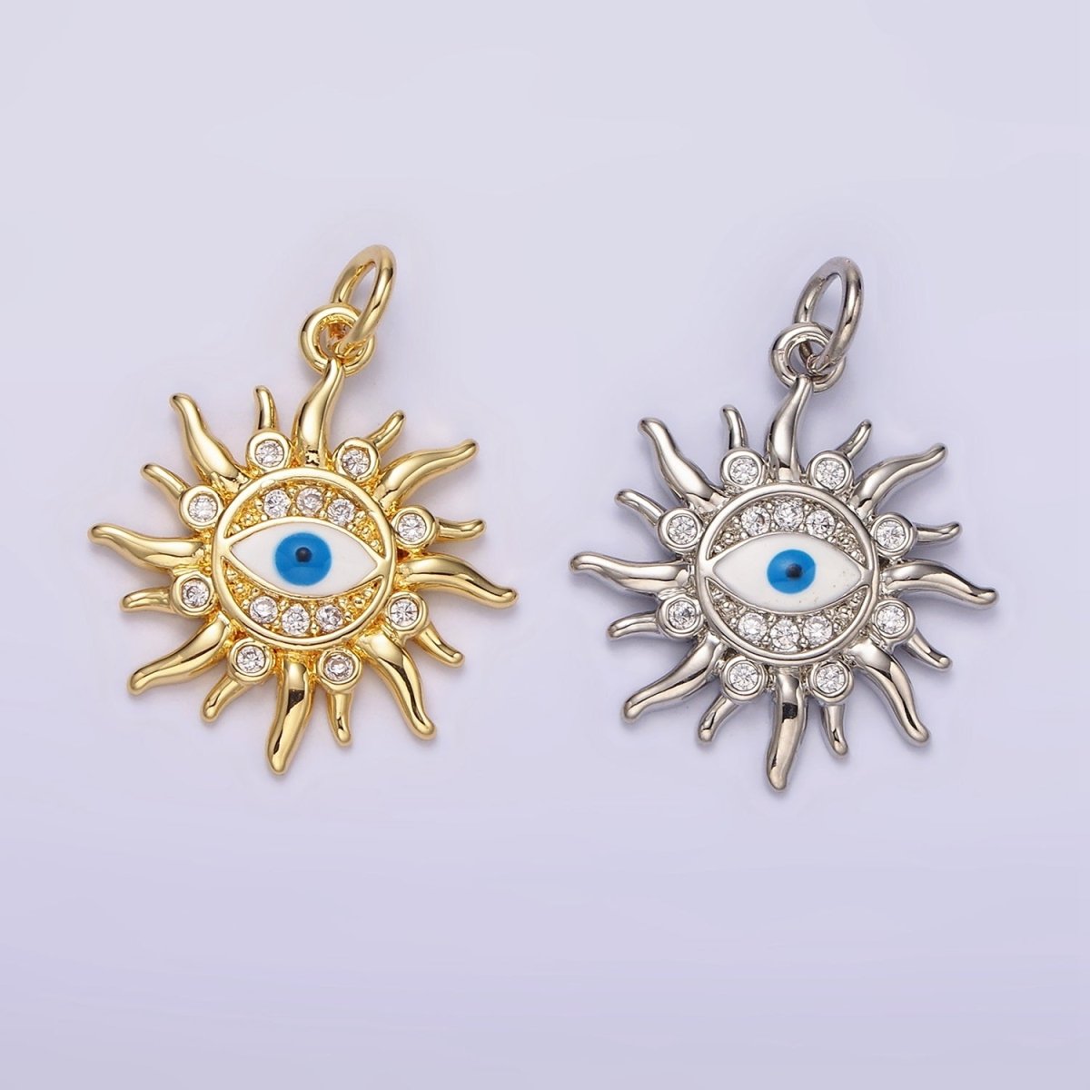 14K Gold Filled Evil Eye CZ Dotted Celestial Sun Charm in Gold & Silver | N1159 N1160 - DLUXCA