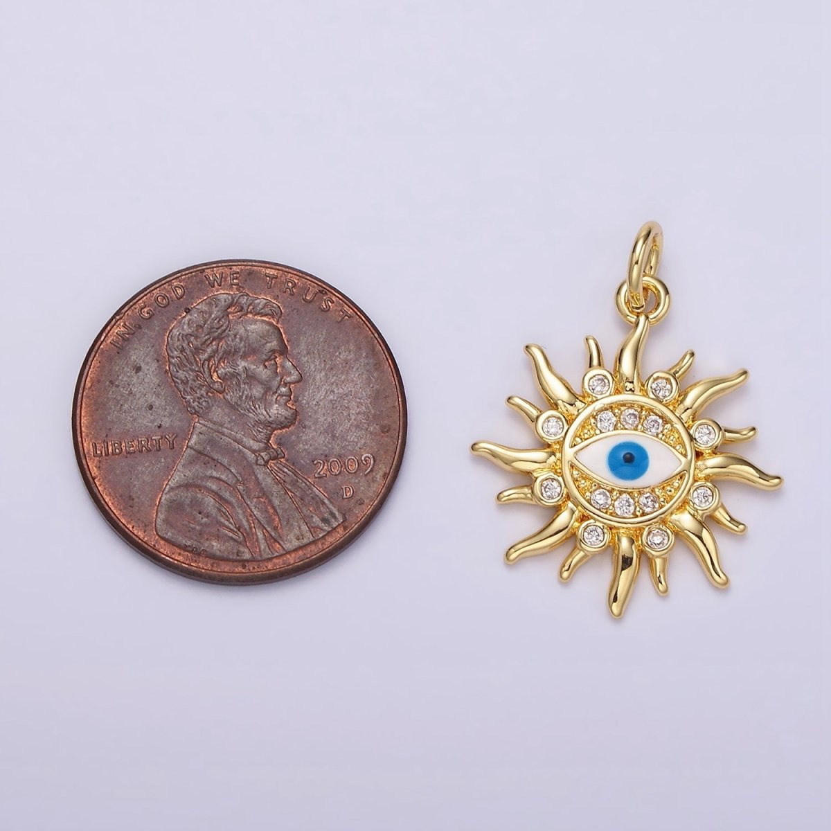 14K Gold Filled Evil Eye CZ Dotted Celestial Sun Charm in Gold & Silver | N1159 N1160 - DLUXCA