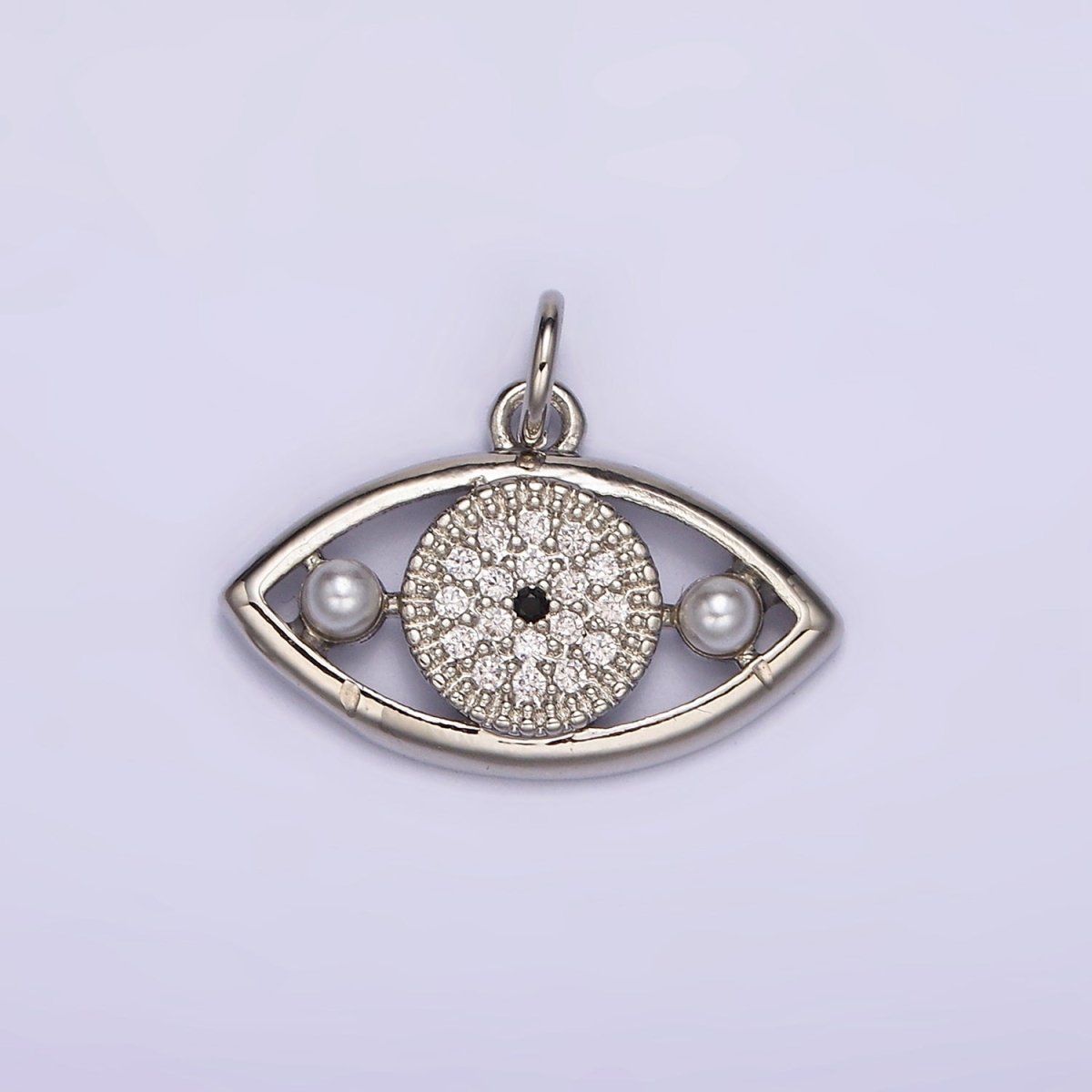 14K Gold Filled Evil Eye Double Pearl Clear Micro Paved CZ Open Charm in Gold & Silver | AC891 AC892 - DLUXCA