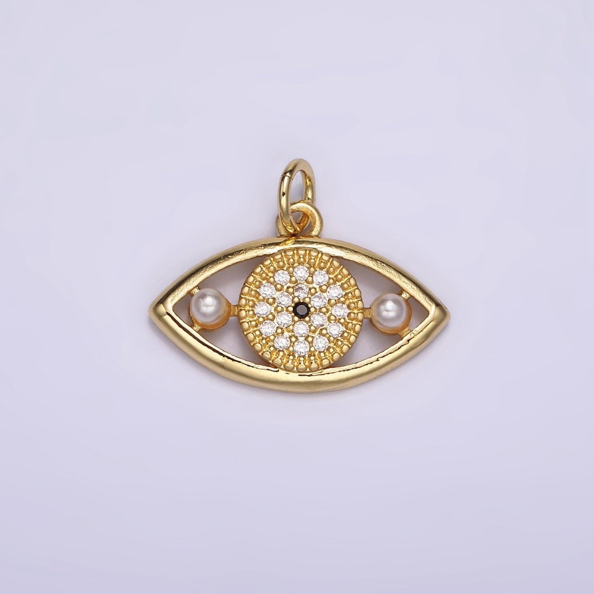 14K Gold Filled Evil Eye Double Pearl Clear Micro Paved CZ Open Charm in Gold & Silver | AC891 AC892 - DLUXCA