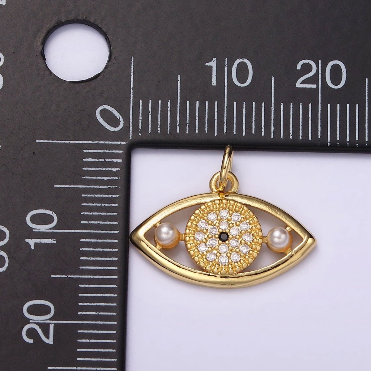 14K Gold Filled Evil Eye Double Pearl Clear Micro Paved CZ Open Charm in Gold & Silver | AC891 AC892 - DLUXCA