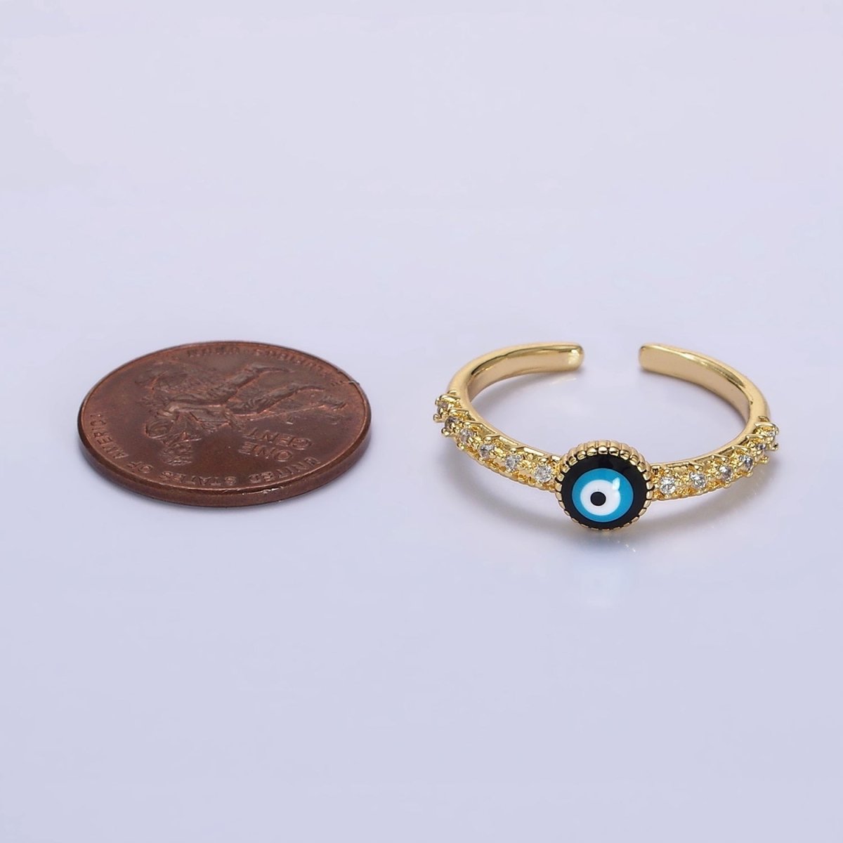 14K Gold Filled Evil Eye Enamel Clear CZ Lined Adjustable Ring | O-596 - DLUXCA