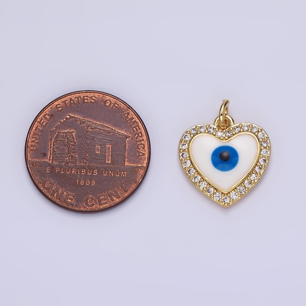 14K Gold Filled Evil Eye Enamel Clear Micro Paved CZ Heart Charm | N1021 - DLUXCA