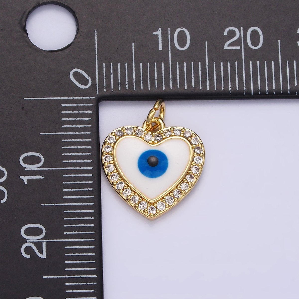 14K Gold Filled Evil Eye Enamel Clear Micro Paved CZ Heart Charm | N1021 - DLUXCA