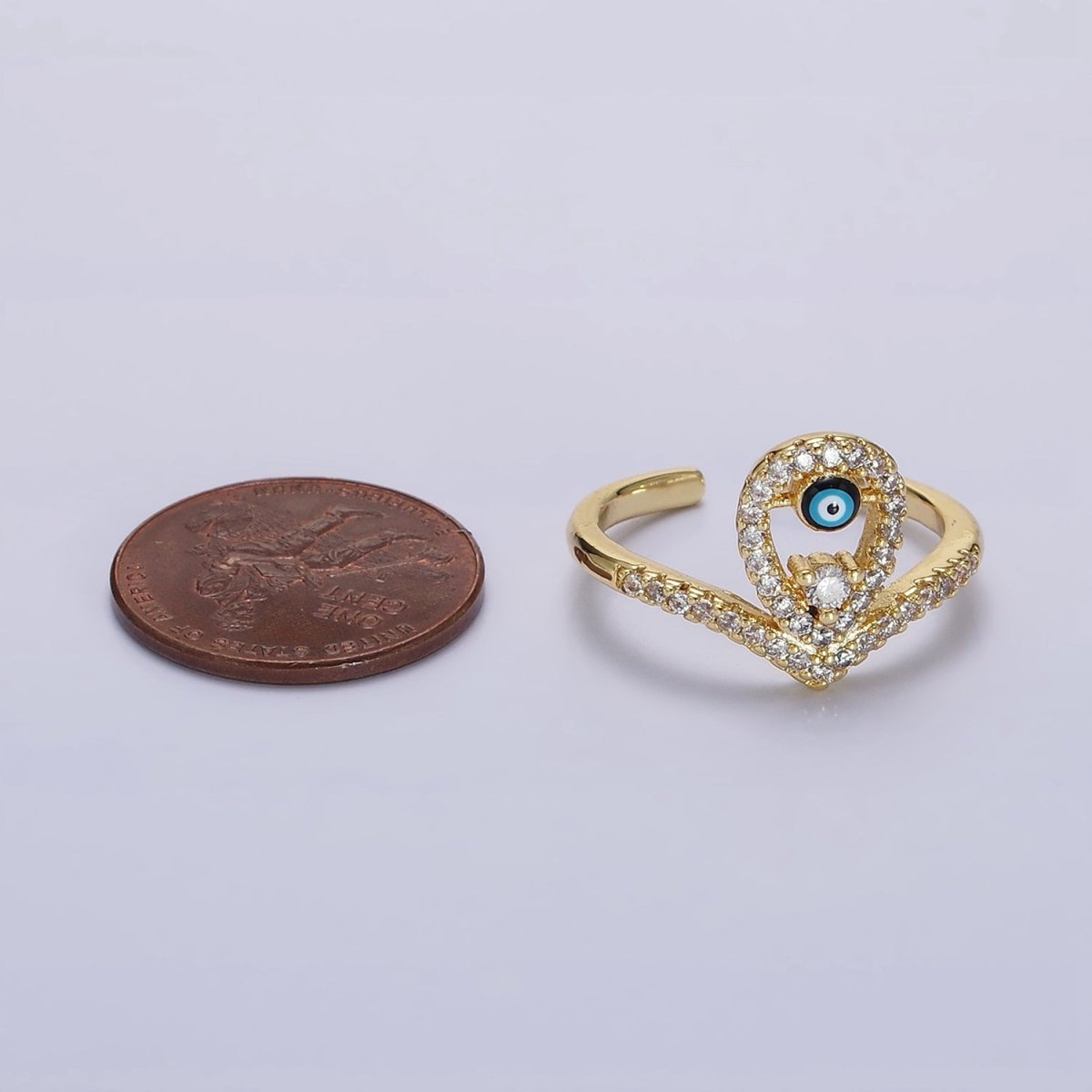 14K Gold Filled Evil Eye Enamel Open Teardrop Chevron Micro Paved CZ Ring | O-598 - DLUXCA