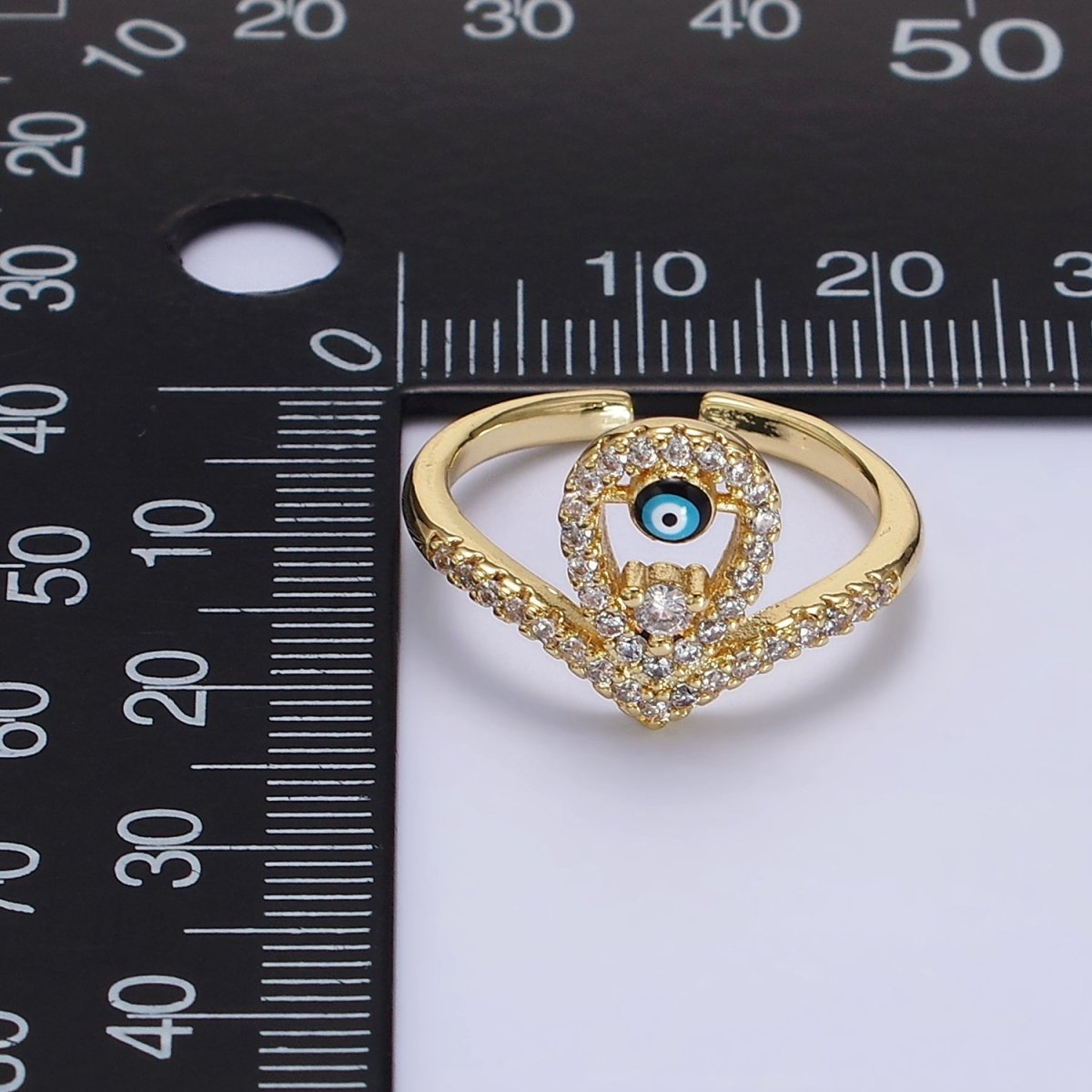 14K Gold Filled Evil Eye Enamel Open Teardrop Chevron Micro Paved CZ Ring | O-598 - DLUXCA