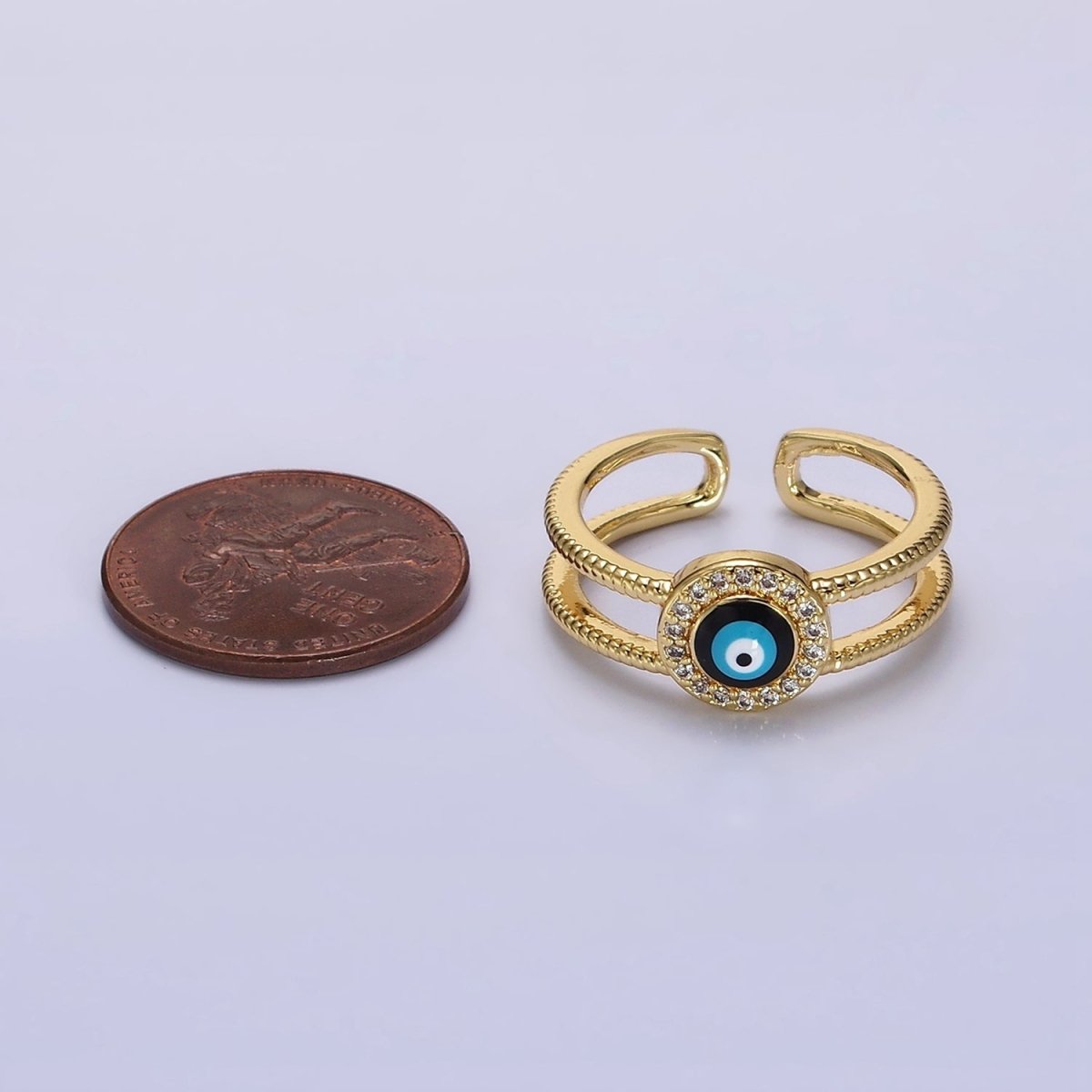 14K Gold Filled Evil Eye Enamel Round Micro Paved CZ Line-Textured Double Band Ring | O-597 - DLUXCA