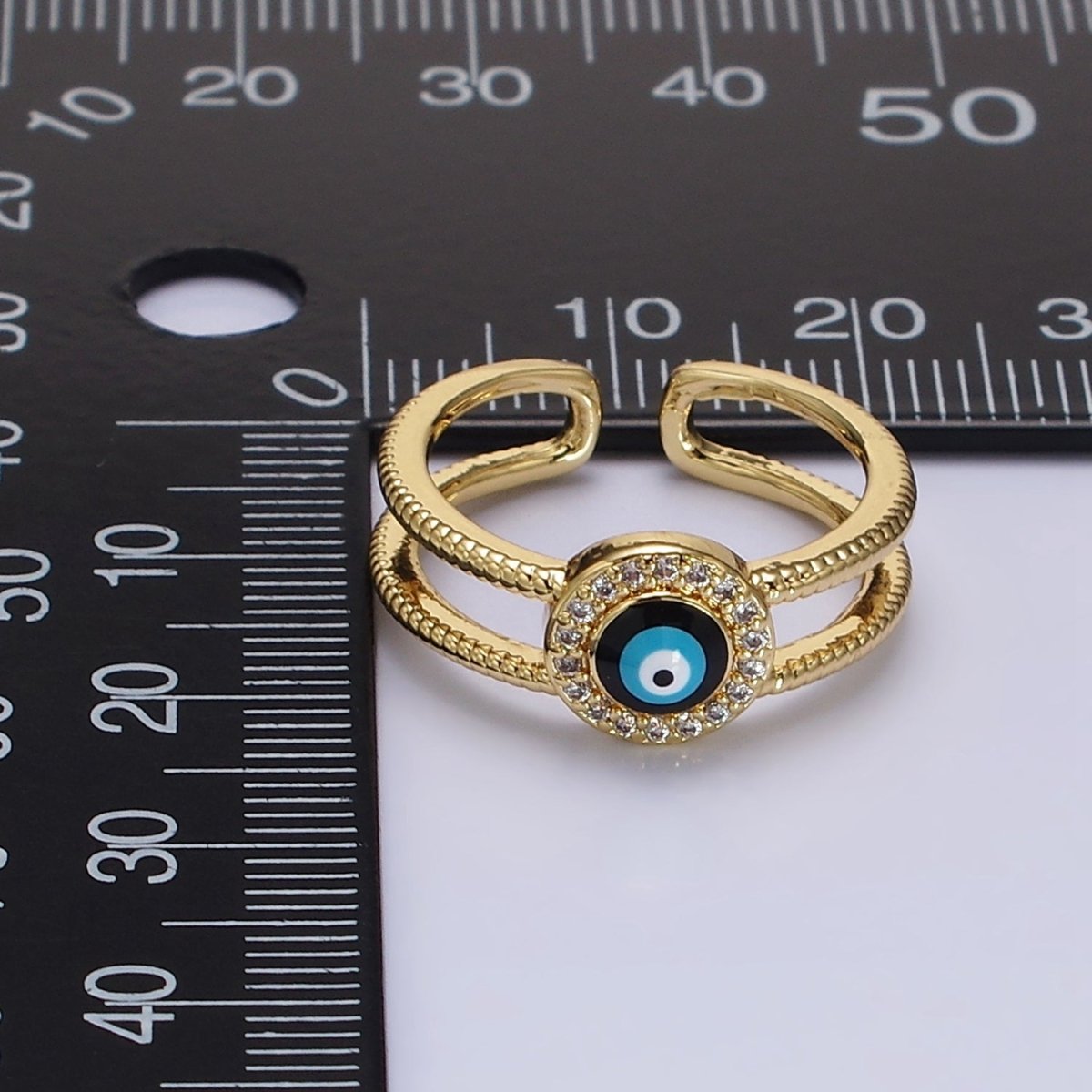 14K Gold Filled Evil Eye Enamel Round Micro Paved CZ Line-Textured Double Band Ring | O-597 - DLUXCA