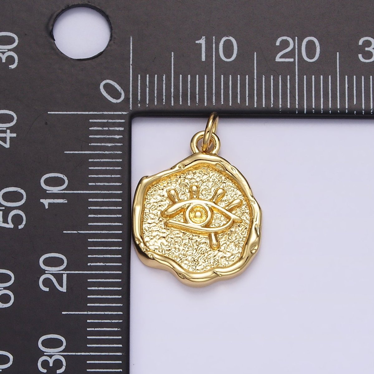 14K Gold Filled Evil Eye Hammered Textured Stamped Round Charm | N1035 - DLUXCA