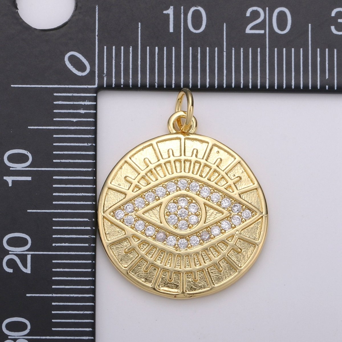 14k Gold Filled Evil Eye Pendant, Micro Pave gold disc Medallion Greek Eye Charm for strength and protection Jewelry Component D-344 - DLUXCA