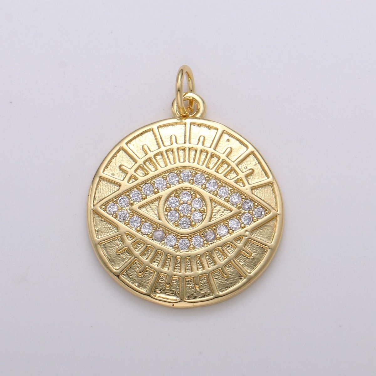 14k Gold Filled Evil Eye Pendant, Micro Pave gold disc Medallion Greek Eye Charm for strength and protection Jewelry Component D-344 - DLUXCA