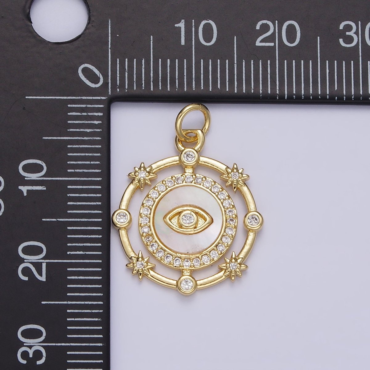 14K Gold Filled Evil Eye Shell Pearl Micro Paved CZ Celestial Star Dotted Round Charm | AC1437 - DLUXCA