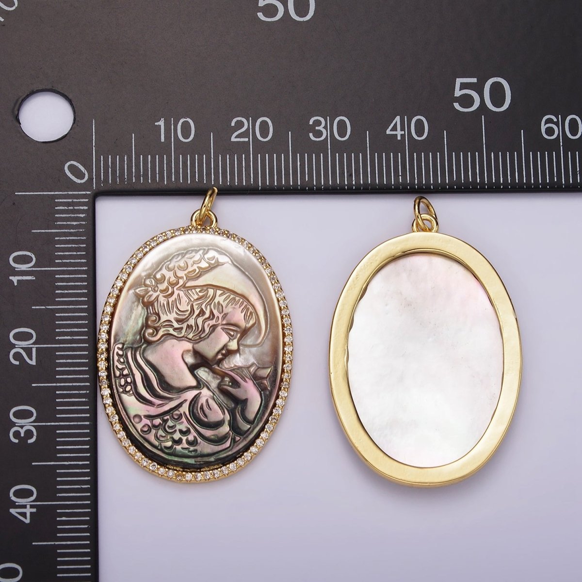 14K Gold Filled Face Portrait Cameo Natural Abalone Pearl Oval Micro Paved CZ Charm | AG518 - DLUXCA