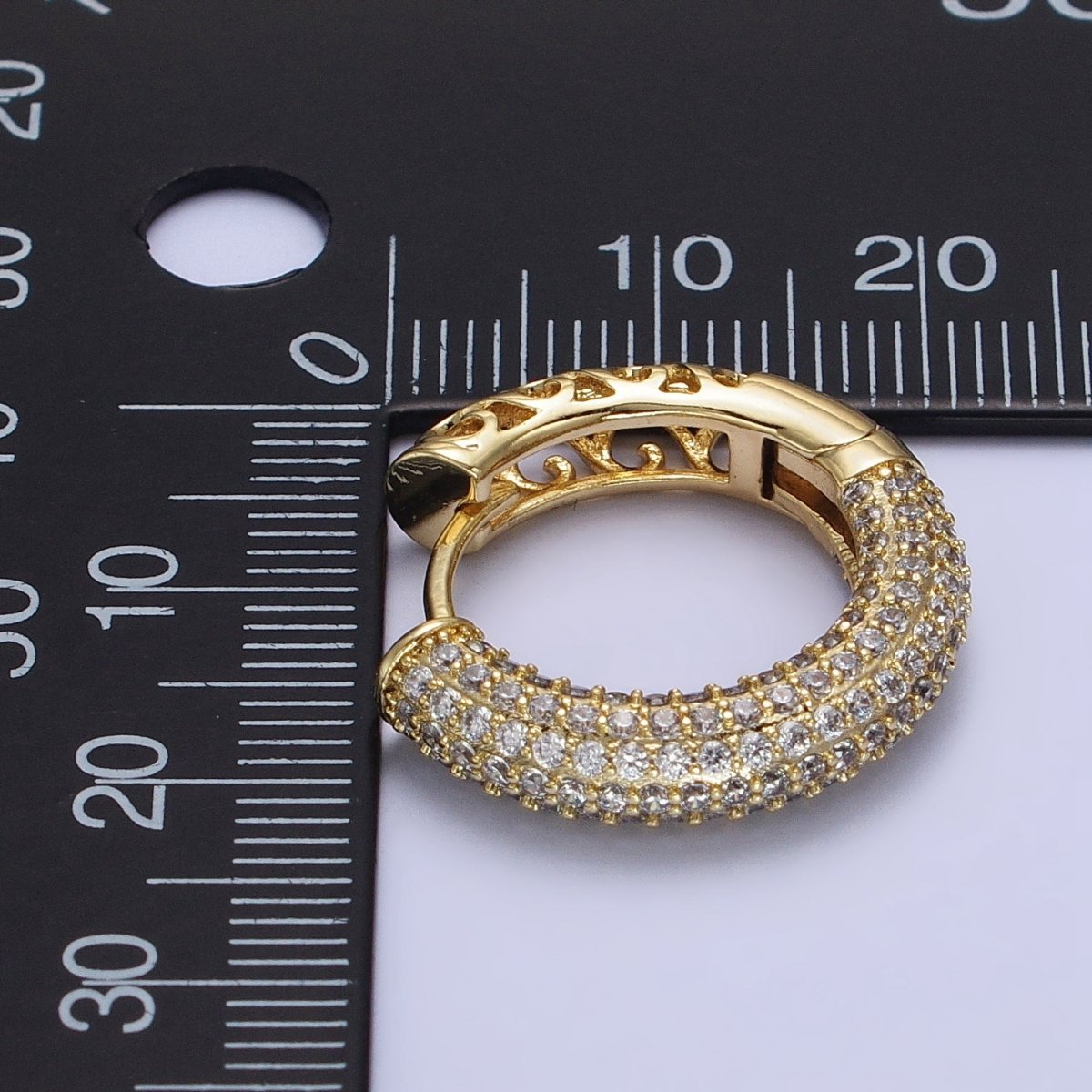 14K Gold Filled Filigree Micro Paved CZ 15mm Huggie Hoop Earrings | AB1528 - DLUXCA