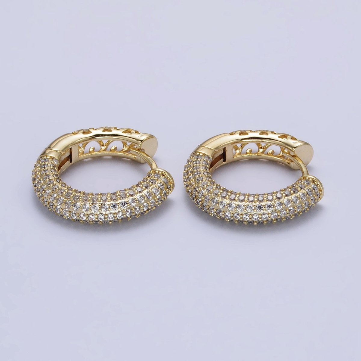 14K Gold Filled Filigree Micro Paved CZ 15mm Huggie Hoop Earrings | AB1528 - DLUXCA