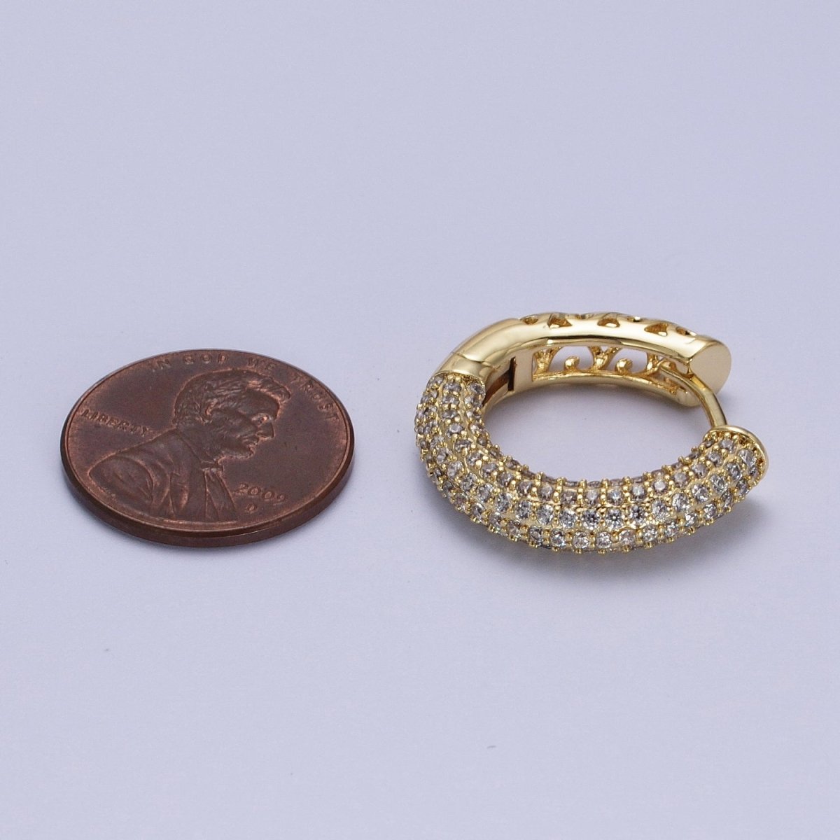 14K Gold Filled Filigree Micro Paved CZ 22.5mm Huggie Earrings | V-031 - DLUXCA