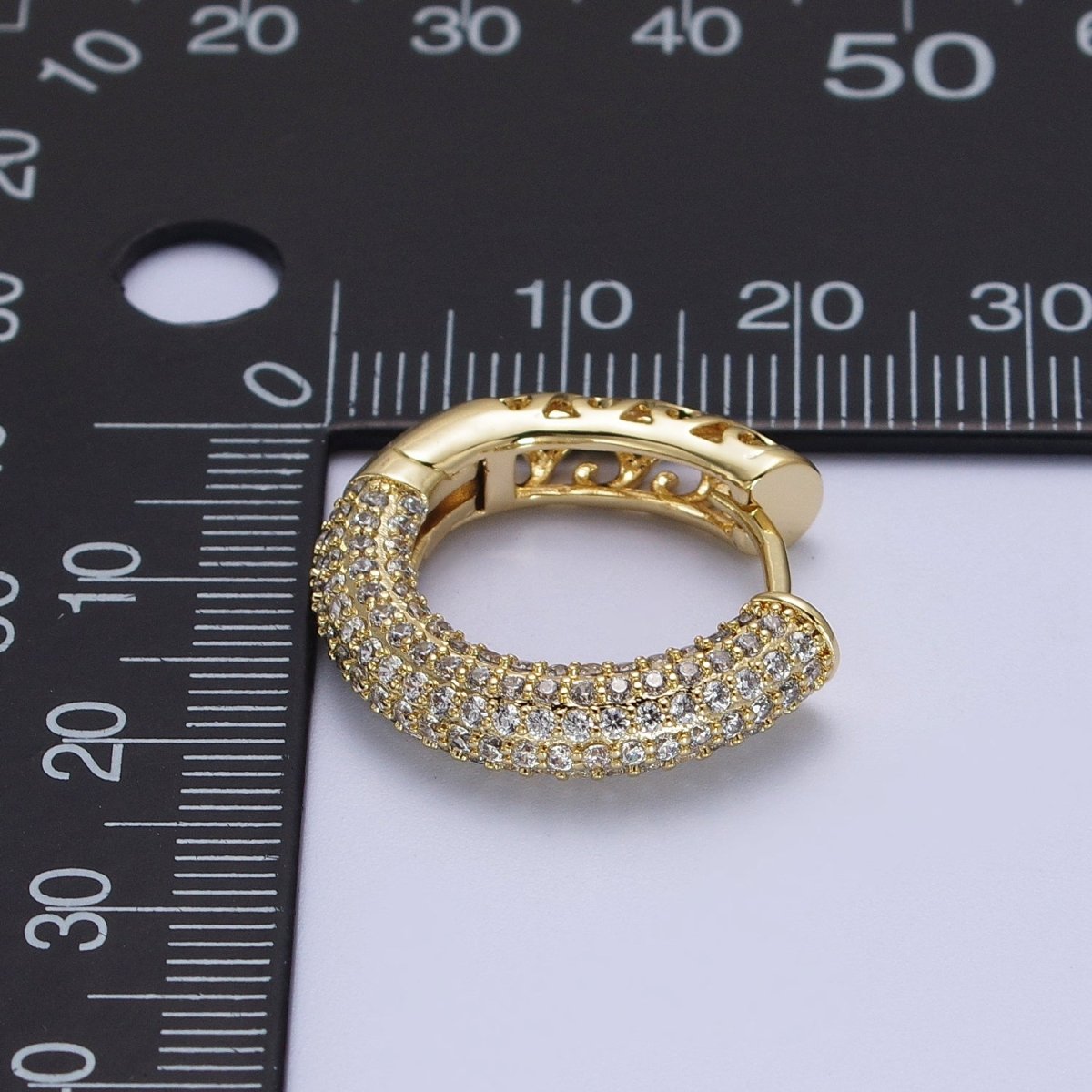 14K Gold Filled Filigree Micro Paved CZ 22.5mm Huggie Earrings | V-031 - DLUXCA