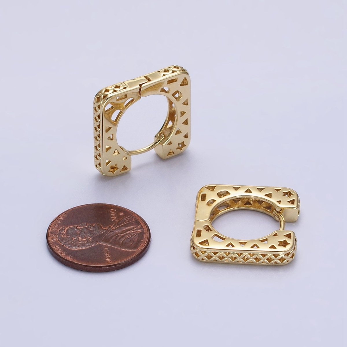 14K Gold Filled Filigree Star Thin Square Huggie Hoop Earrings | AB1526 - DLUXCA