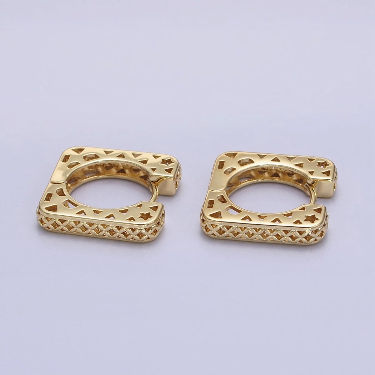 14K Gold Filled Filigree Star Thin Square Huggie Hoop Earrings | AB1526 - DLUXCA