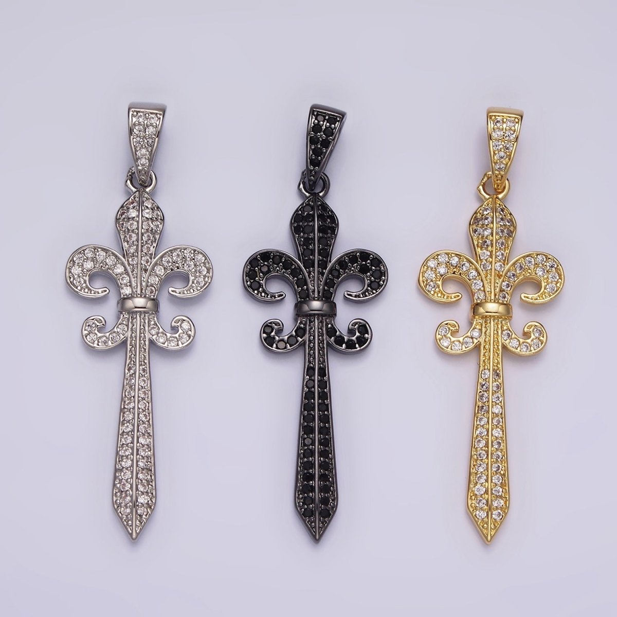 14K Gold Filled Fleur De Lis Sword Micro Paved CZ Pendant in Silver, Gold, Black | N1856 - N1858 - DLUXCA