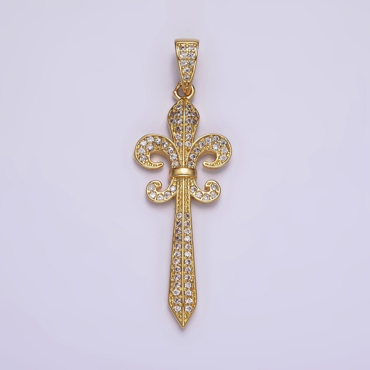 14K Gold Filled Fleur De Lis Sword Micro Paved CZ Pendant in Silver, Gold, Black | N1856 - N1858 - DLUXCA