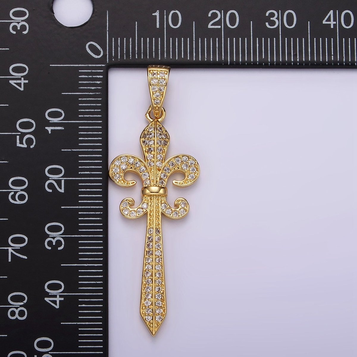 14K Gold Filled Fleur De Lis Sword Micro Paved CZ Pendant in Silver, Gold, Black | N1856 - N1858 - DLUXCA